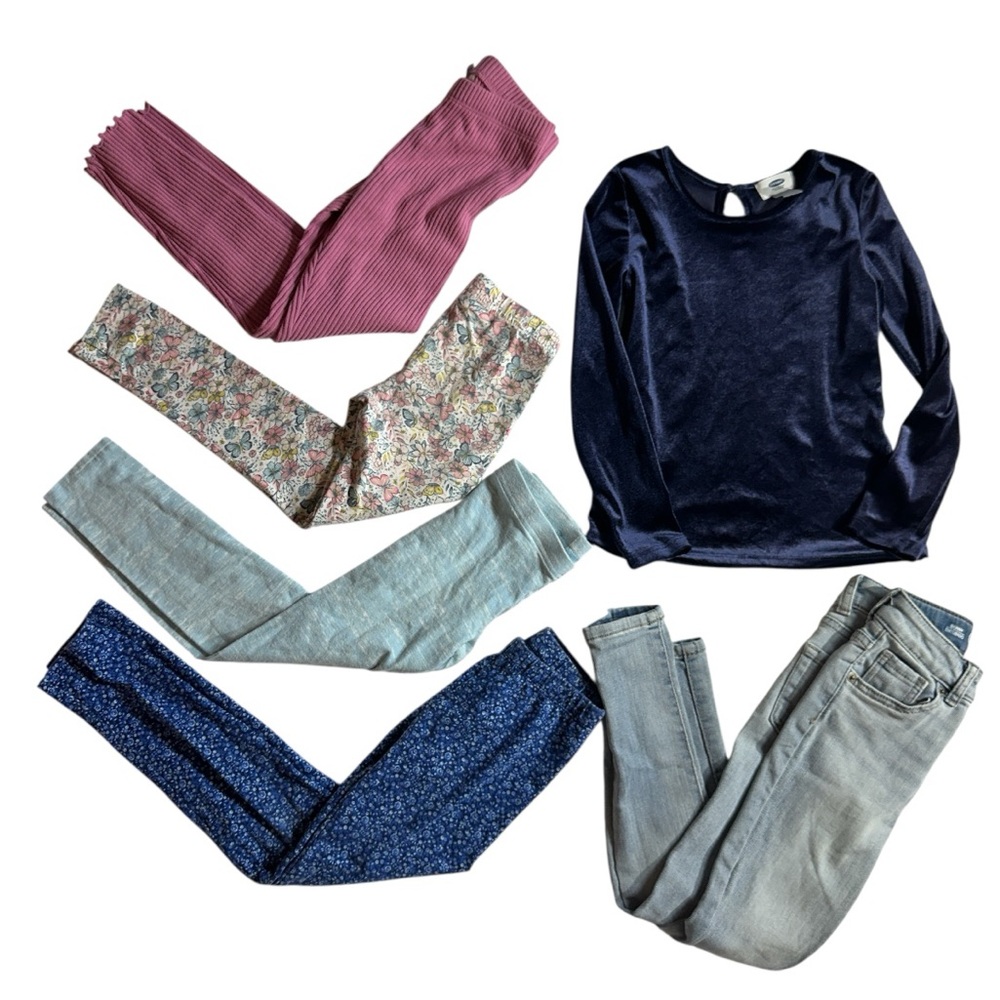 Girls 6 pc bundle- 4 leggings, jeans, navy velvet top 6